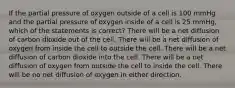 If the partial pressure of oxygen outside of a cell is 100 mmHg and the partial pressure of oxygen inside of a cell is 25 mmHg, which of the statements is correct? There will be a net diffusion of carbon dioxide out of the cell. There will be a net diffusion of oxygen from inside the cell to outside the cell. There will be a net diffusion of carbon dioxide into the cell. There will be a net diffusion of oxygen from outside the cell to inside the cell. There will be no net diffusion of oxygen in either direction.