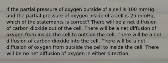 If the partial pressure of oxygen outside of a cell is 100 mmHg and the partial pressure of oxygen inside of a cell is 25 mmHg, which of the statements is correct? There will be a net diffusion of carbon dioxide out of the cell. There will be a net diffusion of oxygen from inside the cell to outside the cell. There will be a net diffusion of carbon dioxide into the cell. There will be a net diffusion of oxygen from outside the cell to inside the cell. There will be no net diffusion of oxygen in either direction.