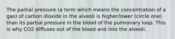 The partial pressure (a term which means the concentration of a gas) of carbon dioxide in the alveoli is higher/lower (circle one) than its partial pressure in the blood of the pulmonary loop. This is why CO2 diffuses out of the blood and into the alveoli.