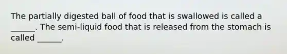 The partially digested ball of food that is swallowed is called a ______. The semi-liquid food that is released from the stomach is called ______.