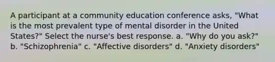 A participant at a community education conference asks, "What is the most prevalent type of mental disorder in the United States?" Select the nurse's best response. a. "Why do you ask?" b. "Schizophrenia" c. "Affective disorders" d. "Anxiety disorders"