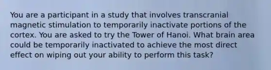 You are a participant in a study that involves transcranial magnetic stimulation to temporarily inactivate portions of the cortex. You are asked to try the Tower of Hanoi. What brain area could be temporarily inactivated to achieve the most direct effect on wiping out your ability to perform this task?