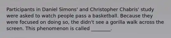 Participants in Daniel Simons' and Christopher Chabris' study were asked to watch people pass a basketball. Because they were focused on doing so, the didn't see a gorilla walk across the screen. This phenomenon is called ________.