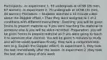 Participants: -In experiment 1: 93 undergrads at UCSB (26 men, 67 women) -In experiment 2: 75 undergrads at UCSB (31 men, 44 women) Procedure: • Students watched a 10 minute video about the Doppler effect • Then they were assigned to 1 of 3 conditions with different instructions: -Teaching: you will be given 5mins to present material as if you were teaching the material to someone else & you will be video-recorded -Preparation: you will be given 5mins to prepare material as if you were going to teach it to someone else -Control: You will be given 5 minutes to study and will be asked questions Finally, they took a comprehension test (e.g. Explain the Doppler effect) -In experiment 1, they took the test immediately after the lesson -In experiment 2 ,they took the test after a delay of one week