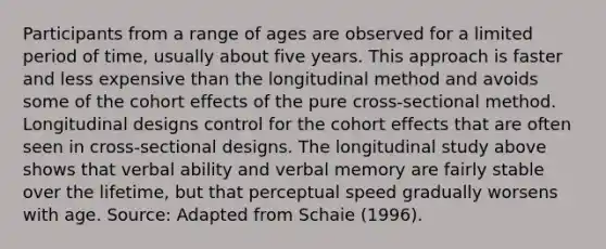 Participants from a range of ages are observed for a limited period of time, usually about five years. This approach is faster and less expensive than the longitudinal method and avoids some of the cohort effects of the pure cross-sectional method. Longitudinal designs control for the cohort effects that are often seen in cross-sectional designs. The longitudinal study above shows that verbal ability and verbal memory are fairly stable over the lifetime, but that perceptual speed gradually worsens with age. Source: Adapted from Schaie (1996).