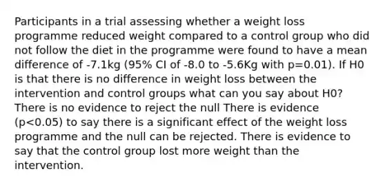 Participants in a trial assessing whether a weight loss programme reduced weight compared to a control group who did not follow the diet in the programme were found to have a mean difference of -7.1kg (95% CI of -8.0 to -5.6Kg with p=0.01). If H0 is that there is no difference in weight loss between the intervention and control groups what can you say about H0? There is no evidence to reject the null There is evidence (p<0.05) to say there is a significant effect of the weight loss programme and the null can be rejected. There is evidence to say that the control group lost more weight than the intervention.