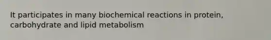 It participates in many biochemical reactions in protein, carbohydrate and lipid metabolism