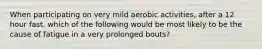 When participating on very mild aerobic activities, after a 12 hour fast, which of the following would be most likely to be the cause of fatigue in a very prolonged bouts?