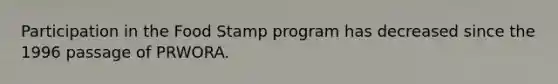 Participation in the Food Stamp program has decreased since the 1996 passage of PRWORA.