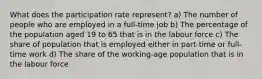 What does the participation rate represent? a) The number of people who are employed in a full-time job b) The percentage of the population aged 19 to 65 that is in the labour force c) The share of population that is employed either in part-time or full-time work d) The share of the working-age population that is in the labour force