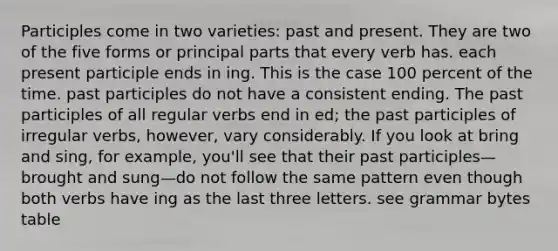 Participles come in two varieties: past and present. They are two of the five forms or principal parts that every verb has. each present participle ends in ing. This is the case 100 percent of the time. past participles do not have a consistent ending. The past participles of all regular verbs end in ed; the past participles of irregular verbs, however, vary considerably. If you look at bring and sing, for example, you'll see that their past participles—brought and sung—do not follow the same pattern even though both verbs have ing as the last three letters. see grammar bytes table