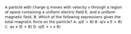 A particle with charge q moves with velocity v through a region of space containing a uniform electric field E, and a uniform magnetic field, B. Which of the following expressions gives the total magnetic force on the particle? A. q(E + B) B. q(v x E + B) C. qv x (E + B) D. q(E + v x B)