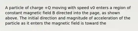 A particle of charge +Q moving with speed v0 enters a region of constant magnetic field B directed into the page, as shown above. The initial direction and magnitude of acceleration of the particle as it enters the magnetic field is toward the