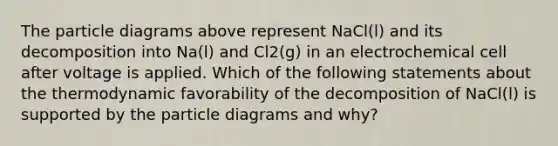 The particle diagrams above represent NaCl(l) and its decomposition into Na(l) and Cl2(g) in an electrochemical cell after voltage is applied. Which of the following statements about the thermodynamic favorability of the decomposition of NaCl(l) is supported by the particle diagrams and why?