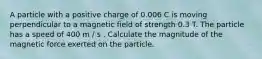 A particle with a positive charge of 0.006 C is moving perpendicular to a magnetic field of strength 0.3 T. The particle has a speed of 400 m / s . Calculate the magnitude of the magnetic force exerted on the particle.