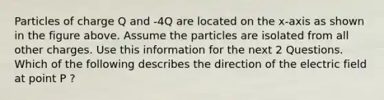 Particles of charge Q and -4Q are located on the x-axis as shown in the figure above. Assume the particles are isolated from all other charges. Use this information for the next 2 Questions. Which of the following describes the direction of the electric field at point P ?