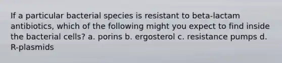 If a particular bacterial species is resistant to beta-lactam antibiotics, which of the following might you expect to find inside the bacterial cells? a. porins b. ergosterol c. resistance pumps d. R-plasmids