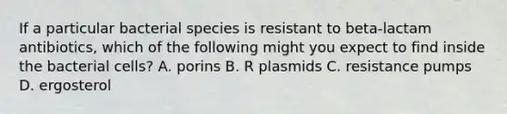 If a particular bacterial species is resistant to beta-lactam antibiotics, which of the following might you expect to find inside the bacterial cells? A. porins B. R plasmids C. resistance pumps D. ergosterol