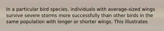 In a particular bird species, individuals with average-sized wings survive severe storms more successfully than other birds in the same population with longer or shorter wings. This illustrates