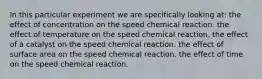 In this particular experiment we are specifically looking at: the effect of concentration on the speed chemical reaction. the effect of temperature on the speed chemical reaction. the effect of a catalyst on the speed chemical reaction. the effect of surface area on the speed chemical reaction. the effect of time on the speed chemical reaction.