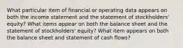 What particular item of financial or operating data appears on both the income statement and the statement of stockholders' equity? What items appear on both the balance sheet and the statement of stockholders' equity? What item appears on both the balance sheet and statement of cash flows?