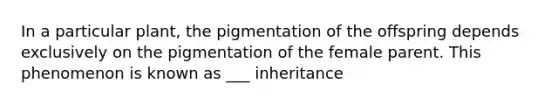 In a particular plant, the pigmentation of the offspring depends exclusively on the pigmentation of the female parent. This phenomenon is known as ___ inheritance