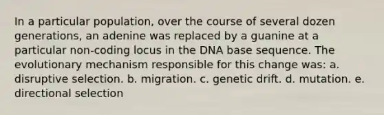 In a particular population, over the course of several dozen generations, an adenine was replaced by a guanine at a particular non-coding locus in the DNA base sequence. The evolutionary mechanism responsible for this change was: a. disruptive selection. b. migration. c. genetic drift. d. mutation. e. directional selection