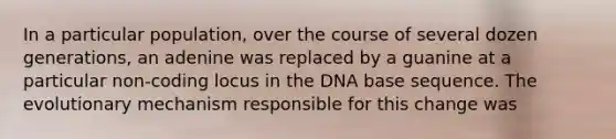 In a particular population, over the course of several dozen generations, an adenine was replaced by a guanine at a particular non-coding locus in the DNA base sequence. The evolutionary mechanism responsible for this change was