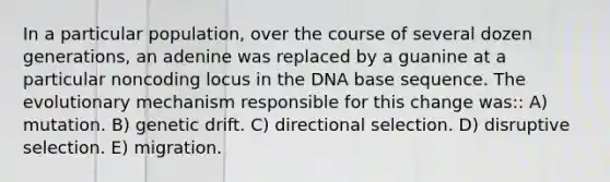 In a particular population, over the course of several dozen generations, an adenine was replaced by a guanine at a particular noncoding locus in the DNA base sequence. The evolutionary mechanism responsible for this change was:: A) mutation. B) genetic drift. C) directional selection. D) disruptive selection. E) migration.