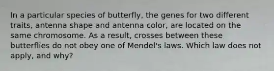 In a particular species of butterfly, the genes for two different traits, antenna shape and antenna color, are located on the same chromosome. As a result, crosses between these butterflies do not obey one of Mendel's laws. Which law does not apply, and why?​