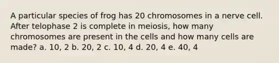 A particular species of frog has 20 chromosomes in a nerve cell. After telophase 2 is complete in meiosis, how many chromosomes are present in the cells and how many cells are made? a. 10, 2 b. 20, 2 c. 10, 4 d. 20, 4 e. 40, 4