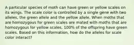 A particular species of moth can have green or yellow scales on its wings. The scale color is controlled by a single gene with two alleles, the green allele and the yellow allele. When moths that are homozygous for green scales are mated with moths that are homozygous for yellow scales, 100% of the offspring have green scales. Based on this information, how do the alleles for scale color interact?