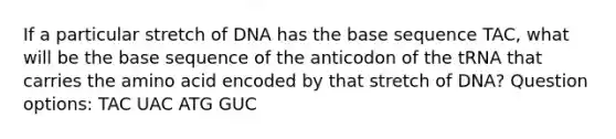 If a particular stretch of DNA has the base sequence TAC, what will be the base sequence of the anticodon of the tRNA that carries the amino acid encoded by that stretch of DNA? Question options: TAC UAC ATG GUC