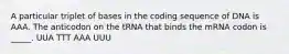 A particular triplet of bases in the coding sequence of DNA is AAA. The anticodon on the tRNA that binds the mRNA codon is _____. UUA TTT AAA UUU