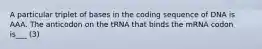 A particular triplet of bases in the coding sequence of DNA is AAA. The anticodon on the tRNA that binds the mRNA codon is___ (3)