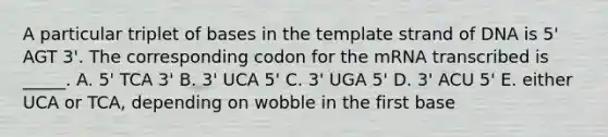 A particular triplet of bases in the template strand of DNA is 5' AGT 3'. The corresponding codon for the mRNA transcribed is _____. A. 5' TCA 3' B. 3' UCA 5' C. 3' UGA 5' D. 3' ACU 5' E. either UCA or TCA, depending on wobble in the first base