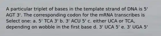 A particular triplet of bases in the template strand of DNA is 5' AGT 3'. The corresponding codon for the mRNA transcribes is Select one: a. 5' TCA 3' b. 3' ACU 5' c. either UCA or TCA, depending on wobble in the first base d. 3' UCA 5' e. 3' UGA 5'