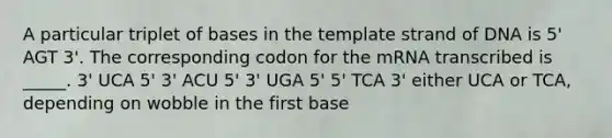 A particular triplet of bases in the template strand of DNA is 5' AGT 3'. The corresponding codon for the mRNA transcribed is _____. 3' UCA 5' 3' ACU 5' 3' UGA 5' 5' TCA 3' either UCA or TCA, depending on wobble in the first base