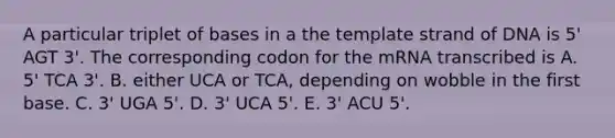 A particular triplet of bases in a the template strand of DNA is 5' AGT 3'. The corresponding codon for the mRNA transcribed is A. 5' TCA 3'. B. either UCA or TCA, depending on wobble in the first base. C. 3' UGA 5'. D. 3' UCA 5'. E. 3' ACU 5'.