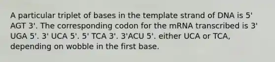 A particular triplet of bases in the template strand of DNA is 5' AGT 3'. The corresponding codon for the mRNA transcribed is 3' UGA 5'. 3' UCA 5'. 5' TCA 3'. 3'ACU 5'. either UCA or TCA, depending on wobble in the first base.