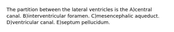 The partition between the lateral ventricles is the A)central canal. B)interventricular foramen. C)mesencephalic aqueduct. D)ventricular canal. E)septum pellucidum.