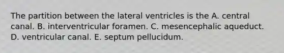 The partition between the lateral ventricles is the A. central canal. B. interventricular foramen. C. mesencephalic aqueduct. D. ventricular canal. E. septum pellucidum.