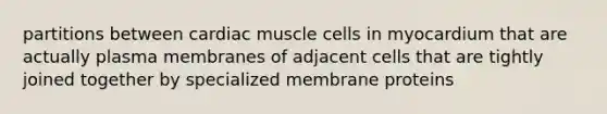 partitions between cardiac muscle cells in myocardium that are actually plasma membranes of adjacent cells that are tightly joined together by specialized membrane proteins