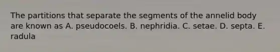 The partitions that separate the segments of the annelid body are known as A. pseudocoels. B. nephridia. C. setae. D. septa. E. radula