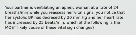 Your partner is ventilating an apneic woman at a rate of 24 breaths/min while you reassess her vital signs. you notice that her systolic BP has decresed by 20 mm Hg and her heart rate has increased by 25 beats/min. which of the following is the MOST likely cause of these vital sign changes?