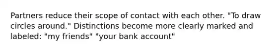 Partners reduce their scope of contact with each other. "To draw circles around." Distinctions become more clearly marked and labeled: "my friends" "your bank account"