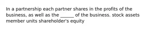 In a partnership each partner shares in the profits of the business, as well as the ______ of the business. stock assets member units shareholder's equity