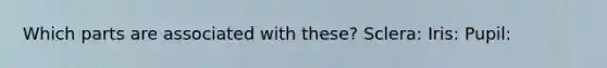 Which parts are associated with these? Sclera: Iris: Pupil: