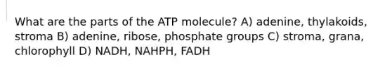 What are the parts of the ATP molecule? A) adenine, thylakoids, stroma B) adenine, ribose, phosphate groups C) stroma, grana, chlorophyll D) NADH, NAHPH, FADH