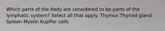 Which parts of the body are considered to be parts of the lymphatic system? Select all that apply. Thymus Thyroid gland Spleen Myelin Kupffer cells